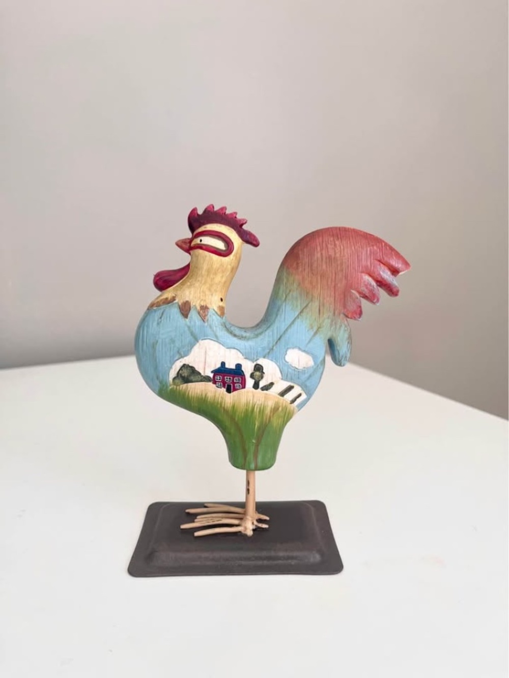 Vintage Russ Berrie Rooster Colourful Cottagecore Folk Art Figurine Shelf Decor